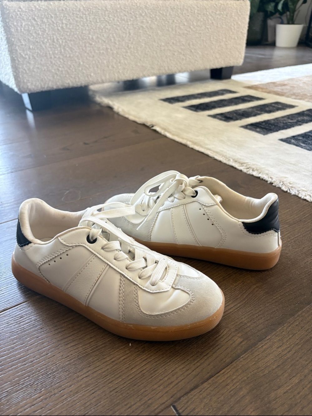 From Germany - White Leather Sneakers with Gum Sole and Black Heel Accent